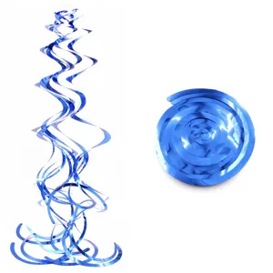 Close-up detail of blue PVC spiral hanging decoration, showing metallic texture for party.