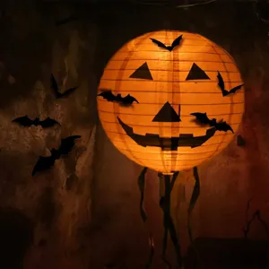 Halloween glowing pumpkin paper lantern with 3d bat decorations for window wall party decor.