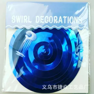 Blue PVC swirl hanging decorations for party and holiday celebration, shiny spiral streamers.