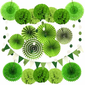 20-piece green paper fan flower pom pom bunting garland set for party and wedding decoration.