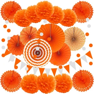 20-piece orange paper fan flowers and pom poms set for party and wedding decoration details.