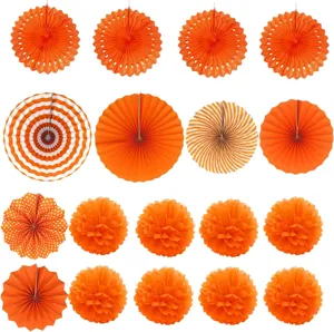 20pcs orange paper fans and pom poms set for wedding party and festival decoration details.