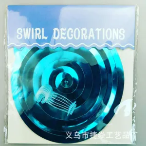 Blue PVC swirl decorations detail view, party hanging ceiling streamers with transparent clips.