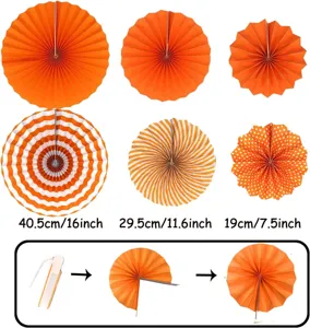 Orange paper fan flower decoration detail showing sizes and installation steps for party events.