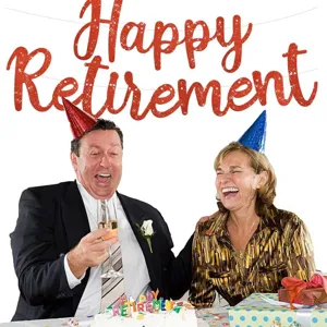 Retirement party banner glitter paper decoration set with red sparkling letters for celebration.