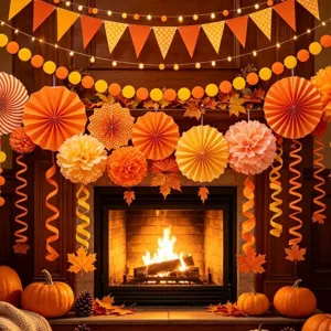 Harvest Season Party Decoration Set Paper Fan Flowers Triangle Bunting Garland Hanging Swirls Thanksgiving Decor