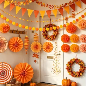 Autumn harvest party decoration set with paper fans banners pom poms hanging swirls for fall decor