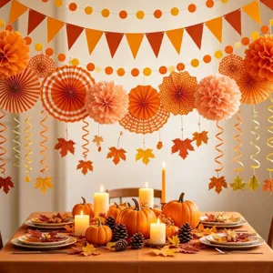 Harvest party decoration set with paper fans, pennants, and hanging swirls for autumn.