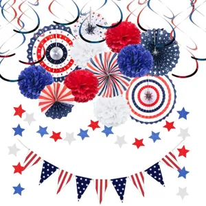 4th of July party decorations red white and blue paper fans pom poms hanging swirls