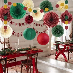 Christmas paper fan pom pom decoration set for holiday party hanging background setup.