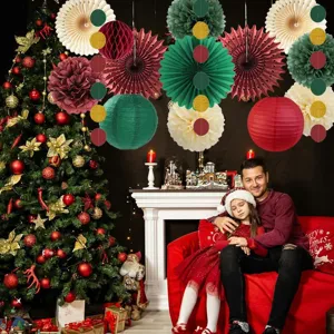 Christmas Paper Fan Flower Ball Set Hanging Decorations Party Background Wall Decor Paper Craft Pom Poms Honeycomb Balls