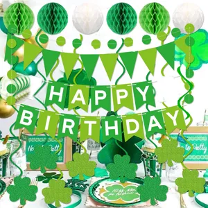 Green birthday party decoration set with honeycomb balls banners and hanging swirls for celebration