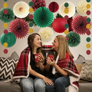 Christmas paper fan decorations scene, festive party hanging decor detail shot, holiday style.