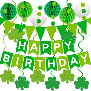 Green birthday party decoration set with honeycomb balls pennant banners and clover swirls