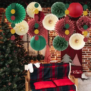 Christmas paper fan flower ball decoration set for holiday party background wall hanging decor.