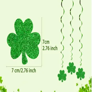 Green glitter shamrock hanging swirls and clover party decorations for St Patrick.