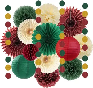 Christmas paper fan pom pom set for holiday party hanging decoration backdrop supplies kit