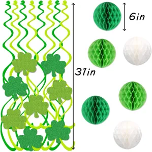 St. Patrick's Day green hanging swirls and honeycomb balls party decoration set detail.