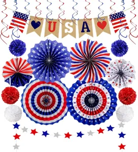 Independence Day party decoration set paper fans hanging swirls patriotic red white and blue banner