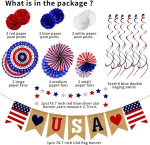 Detailed view of USA independence day party decoration set components and size info.