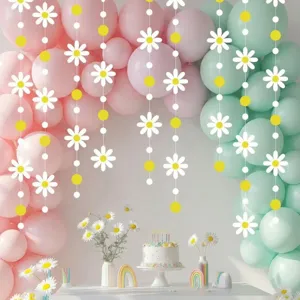 Daisy circle garland for party decor, pink and green balloon backdrop setup, 4m long banner.
