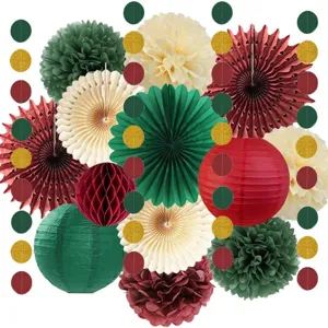 Christmas paper fan decorations set, hanging paper pom poms and lanterns for party decor.
