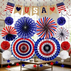 American Independence Day Party Decoration Set USA Flag Paper Fan Bunting Banner Hanging Swirls Red White And Blue