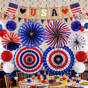 Fourth of July party decorations set red white and blue paper fans flags patriotic hanging decor banner