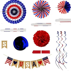 4th of July party decoration set including paper fans, USA banner and hanging swirls.