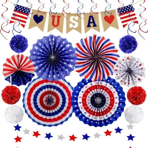 USA Independence Day party decoration set red white blue paper fans banner hanging flags