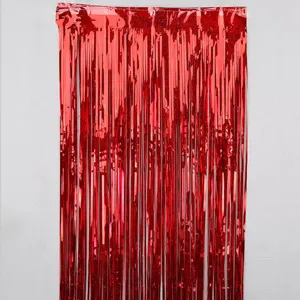 Red foil fringe curtain metallic tinsel backdrop for party wedding birthday decoration.