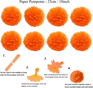 Detailed close up of orange paper pompoms 25cm for wedding party decoration with instruction guide.