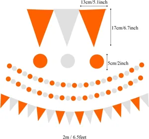 Orange and white paper pennant banner and circle dot garland set for party decorations size specs