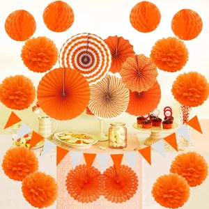 20pcs orange paper fans pom poms honeycomb balls and banner set for wedding party decor.
