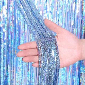 Blue holographic tinsel foil fringe curtains for party wedding background decoration 2m