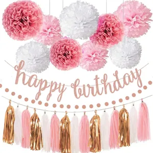 Rose Gold Birthday Party Decorations Happy Birthday Banner Paper Pom Poms Tassels Garland Set For Celebration Events