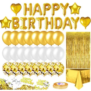 Gold birthday party decoration set with foil letter balloons, tinsel curtain, and balloons.