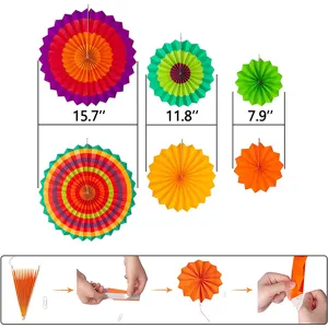 Colorful paper fan garland set for party decoration, hanging paper flowers in various sizes.