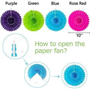 Colorful paper fan details and opening guide for party decoration setup display.
