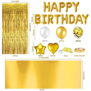 Gold birthday party decoration set with foil letter balloons, tinsel curtain and table cloth.