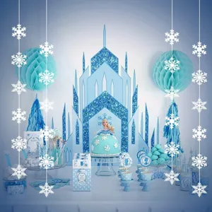 Frozen theme party castle decoration set with doll, paper favor bags and snowflake hanging decor.