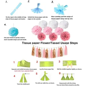 Step-by-step instruction guide showing how to assemble decorative tissue paper flowers and tassels.