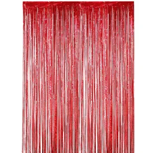 Red tinsel foil fringe curtain 1x2m shiny metallic background for party wedding decor.