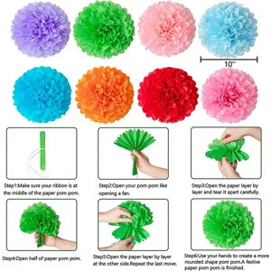 Colorful tissue paper pom poms 10 inch hanging paper flowers for party decorations.