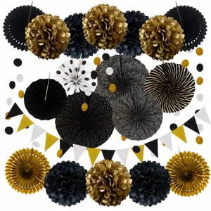20 pcs party paper fan decoration set black gold wedding birthday backdrop hanging decor