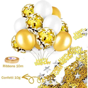 Birthday party balloon set with confetti, gold and white latex balloons, and ribbon decors.