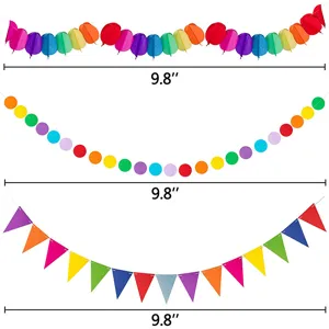 Detailed view of colorful paper garland and banner set for party decoration with dimensions.