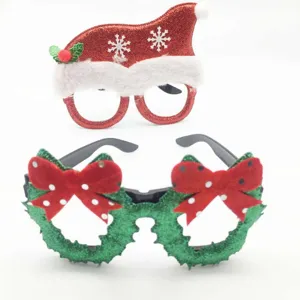 Christmas decorative glasses detail, festive party eyewear with santa hat and bow designs.