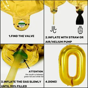 Step-by-step instruction guide for inflating number foil balloons easily with a straw or pump.