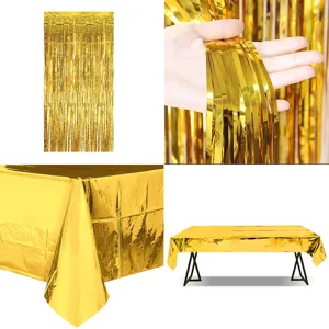 Gold foil fringe curtain and tablecloth set for birthday party decorations, shiny backdrop props.
